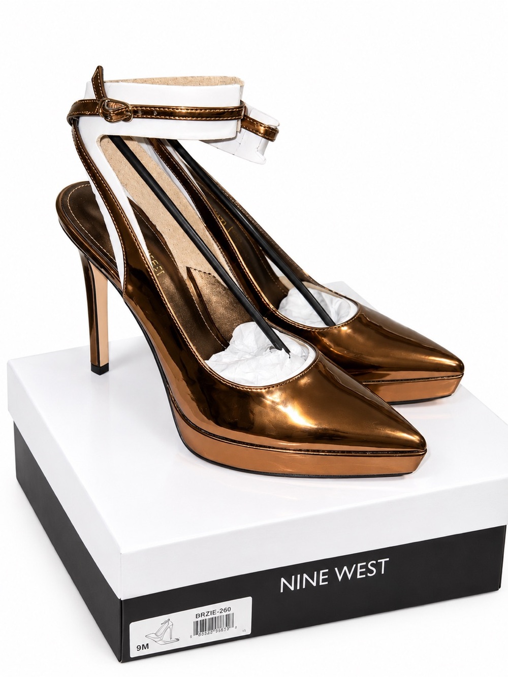 Nine West Bronze Mirror-Patent Pointed-Toe Heels with White Ankle Straps